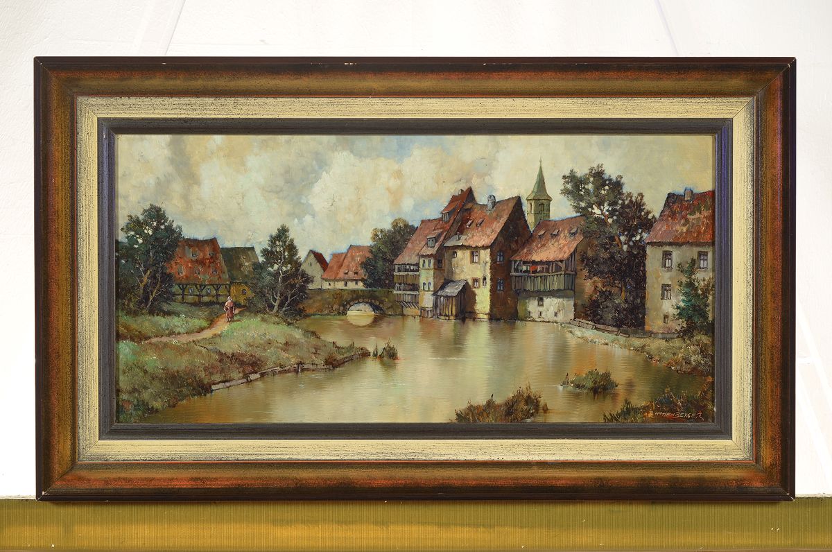 Detail k: J. Hohenberger, zeitgenössischer Traditionalist, Blick auf eine Häuserreihe am Fluss, Öl/Holz, rechts unten signiert, ca. 25x50cm, R. ca. 35x60cm