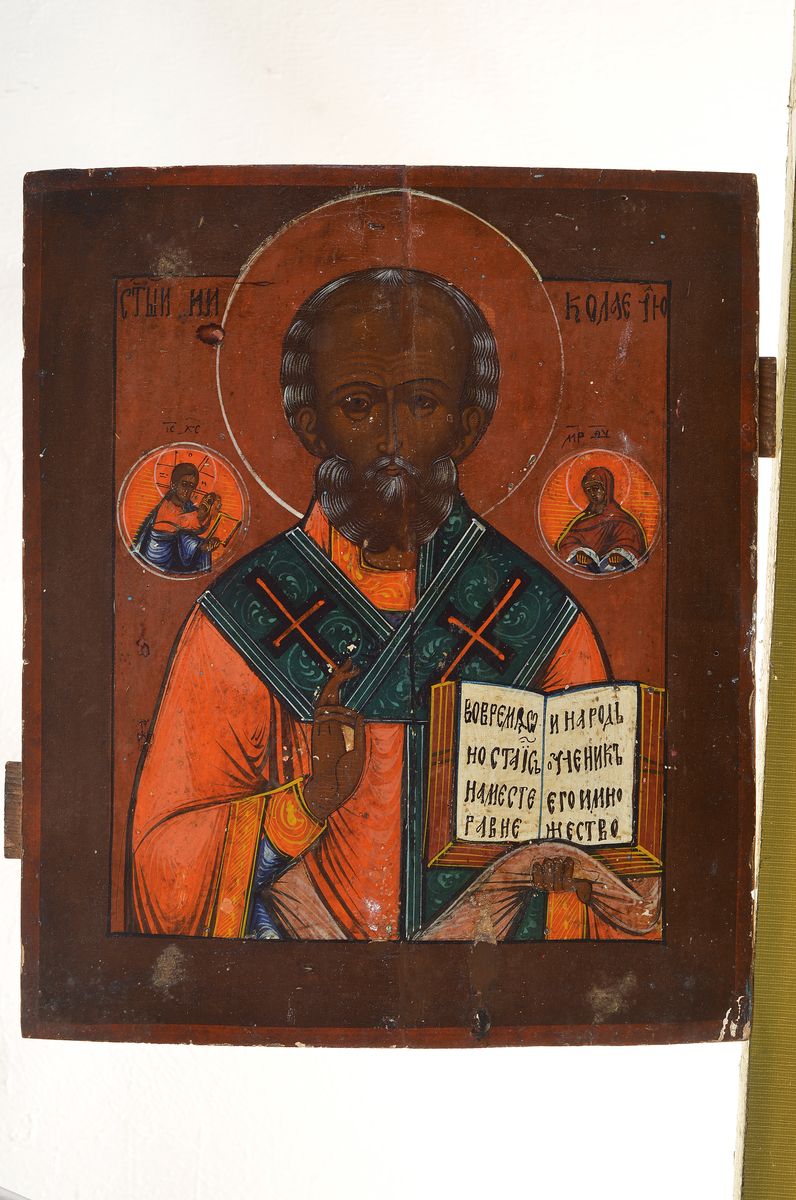 Detail k: Ikone, Russland, Mitte 19. Jh., Heiliger Nikolaus, Eitempera/Holz, leicht rest., leichte Altersspuren, ca. 31.5 x 27 cm