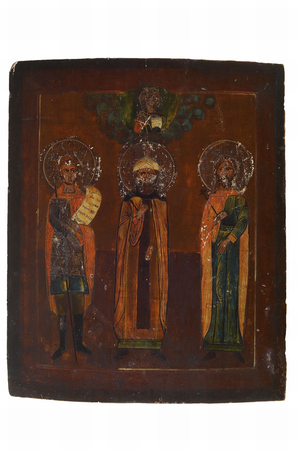 Ikone, Russland, um 1850, drei Heilige, darüber Gottvater, Eitempera/Holz, leicht rest., leichte Altersschäden, 36 x 30 cm