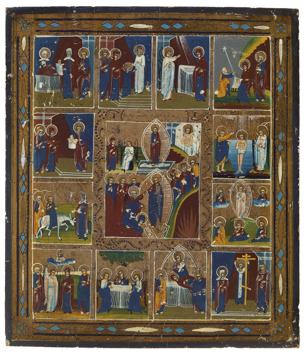Vielfelderikone, Russland, 2. Hälfte 19. Jh., mit Szenen aus dem Leben Christi und Marias, Tempera auf Holz, rest., dennoch mit Altersschäden, ca. ...