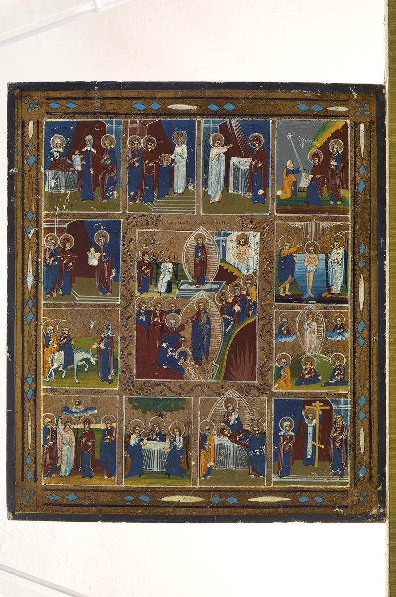 Detail k: Vielfelderikone, Russland, 2. Hälfte 19. Jh., mit Szenen aus dem Leben Christi und Marias, Tempera auf Holz, rest., dennoch mit Altersschäden, ca. ...