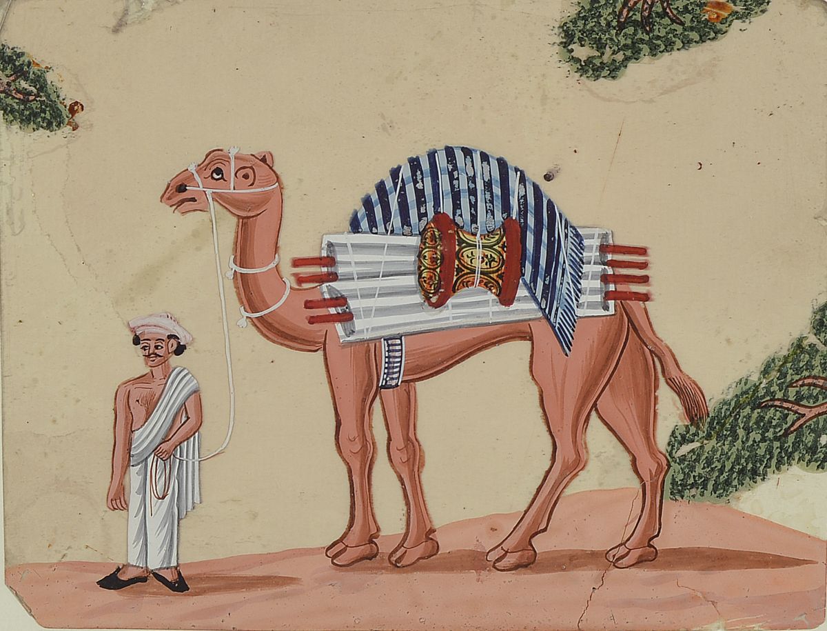 Drei indische Miniaturmalereien, 19. Jh, Ochsenkarren, Mann mit Pferd und Mann mit Kamel, Gouache wohl auf Glas, leichte Farbfehlstellen, l. besch., ...