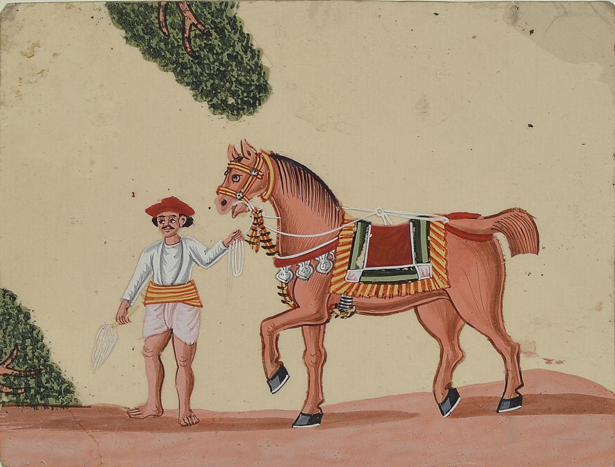 Detail a: Drei indische Miniaturmalereien, 19. Jh, Ochsenkarren, Mann mit Pferd und Mann mit Kamel, Gouache wohl auf Glas, leichte Farbfehlstellen, l. besch., ...