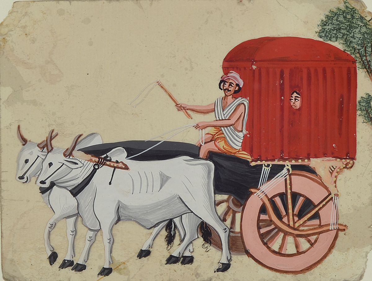 Detail b: Drei indische Miniaturmalereien, 19. Jh, Ochsenkarren, Mann mit Pferd und Mann mit Kamel, Gouache wohl auf Glas, leichte Farbfehlstellen, l. besch., ...