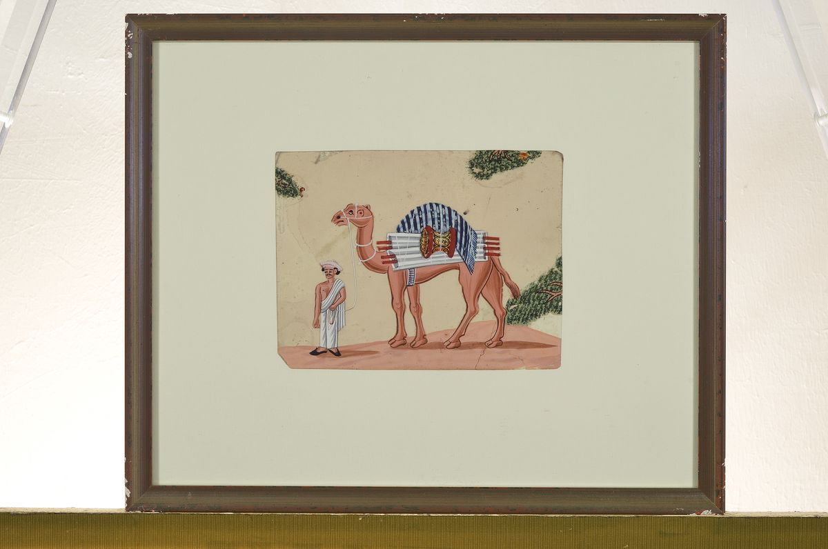 Detail k: Drei indische Miniaturmalereien, 19. Jh, Ochsenkarren, Mann mit Pferd und Mann mit Kamel, Gouache wohl auf Glas, leichte Farbfehlstellen, l. besch., ...