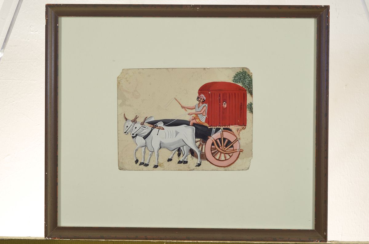 Detail m: Drei indische Miniaturmalereien, 19. Jh, Ochsenkarren, Mann mit Pferd und Mann mit Kamel, Gouache wohl auf Glas, leichte Farbfehlstellen, l. besch., ...