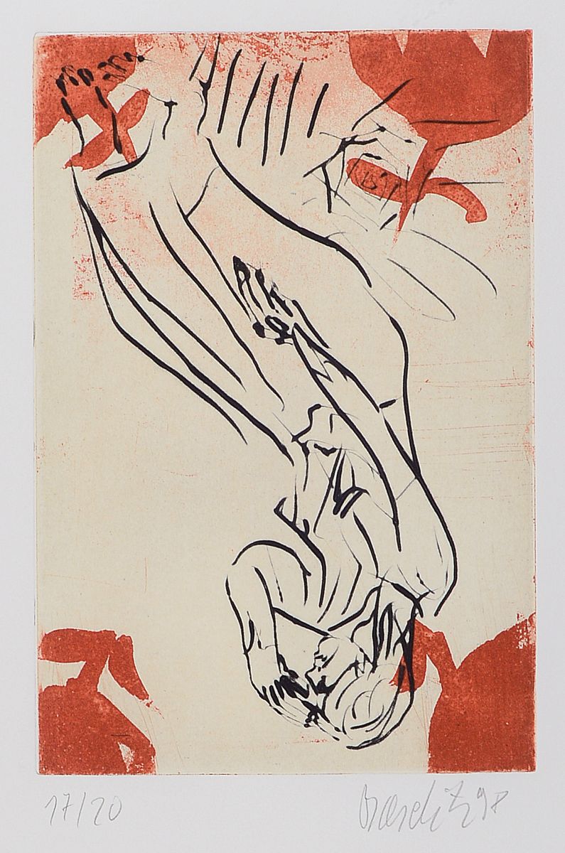 Georg Baselitz, dat. 1998, Aquatintaradierung Ikarus, kleine Auflage, 17/20, handsigniert, Abbildung ca. 23.3 x 16 cm, Blattmaß: 57.5 x 44.5 cm, ...