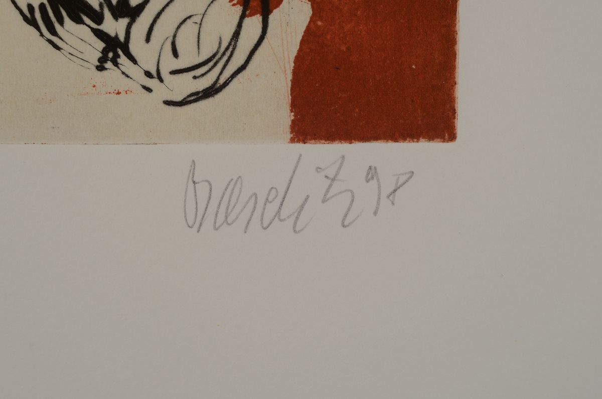 Detail a: Georg Baselitz, dat. 1998, Aquatintaradierung Ikarus, kleine Auflage, 17/20, handsigniert, Abbildung ca. 23.3 x 16 cm, Blattmaß: 57.5 x 44.5 cm, ...
