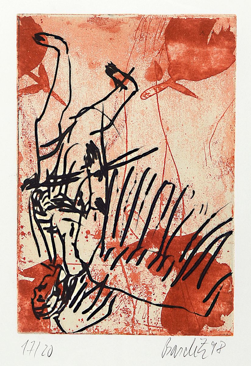 Georg Baselitz, dat. 1998, Aquatintaradierung Dädalus, kleine Auflage, 17/20, handsigniert, Abbildung ca. 23.3 x 16 cm, Blattmaß: 57.5 x 44.5 cm, ...