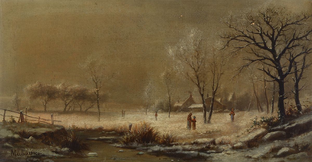 Eduard Emile Michaux, französischer Maler zwischen 1860-1900, romantisch verschneite Winterlandschaft mit klassischer Personenstaffage in ...