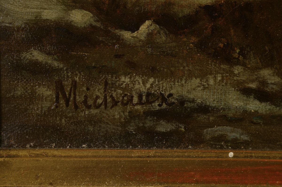 Detail a: Eduard Emile Michaux, französischer Maler zwischen 1860-1900, romantisch verschneite Winterlandschaft mit klassischer Personenstaffage in ...