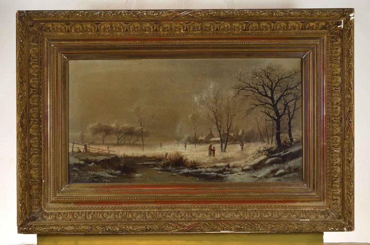 Detail k: Eduard Emile Michaux, französischer Maler zwischen 1860-1900, romantisch verschneite Winterlandschaft mit klassischer Personenstaffage in ...