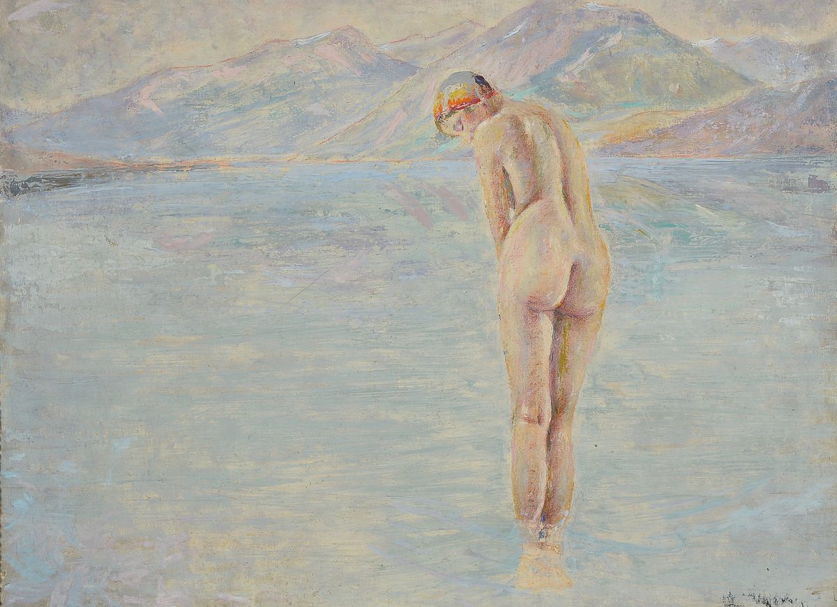 Unbekannter Künstler, um 1900, Badende in einem Bergsee, Rückenakt, Öl/Lwd, rest., rechts unten Reste einer Signatur, 47x65cm, R. ca. 64x81cm
