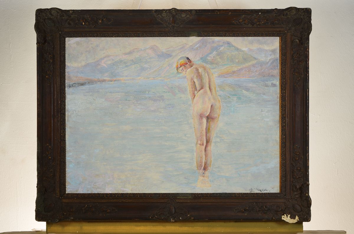 Detail k: Unbekannter Künstler, um 1900, Badende in einem Bergsee, Rückenakt, Öl/Lwd, rest., rechts unten Reste einer Signatur, 47x65cm, R. ca. 64x81cm