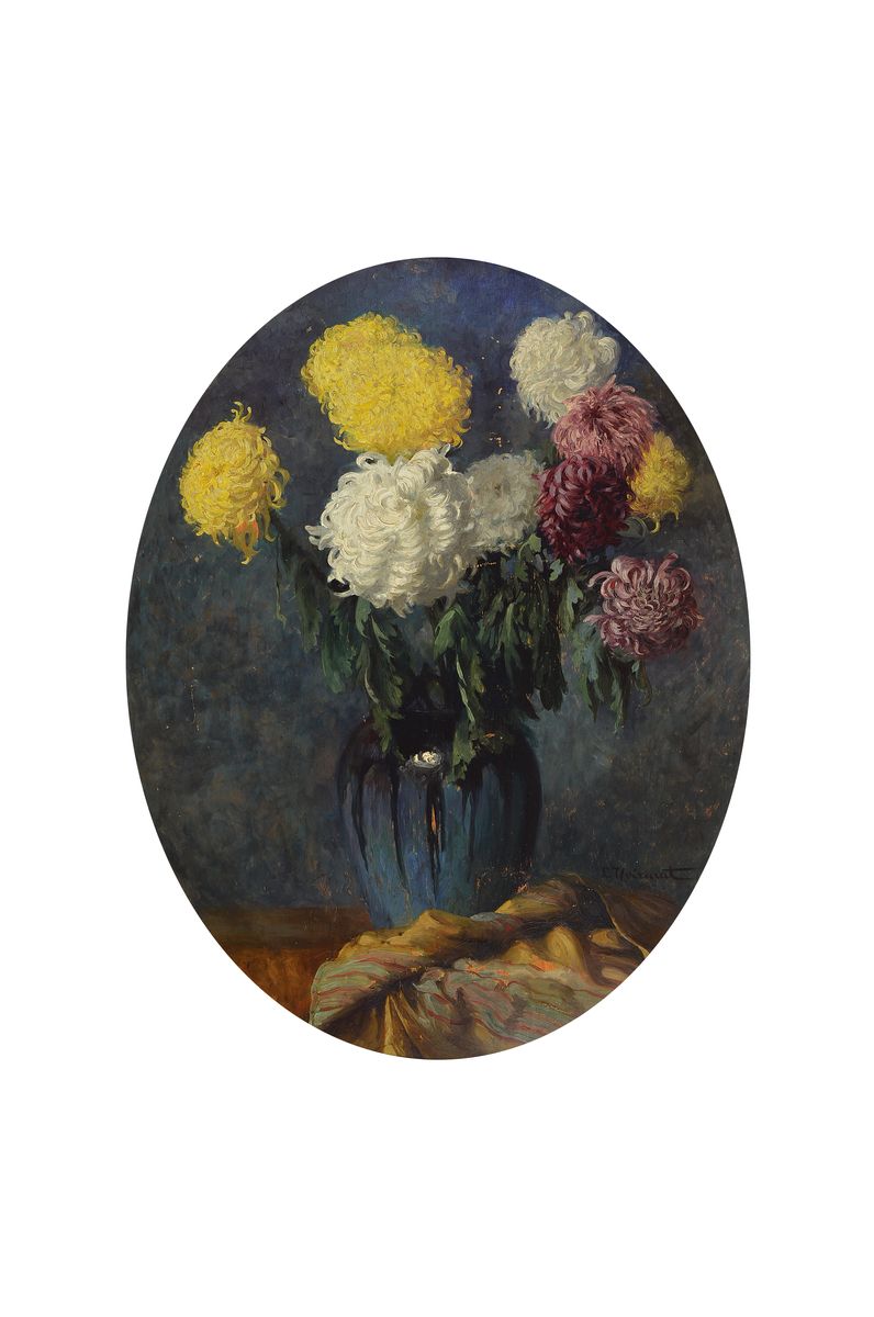 Leon Noireaut, geb. 1886 Paris, war um 1920-1939 in Mannheim tätig, hier: Stillleben mit Chrysanthemen, Öl/Holz, rechts unten signiert, im Oval ca. ...