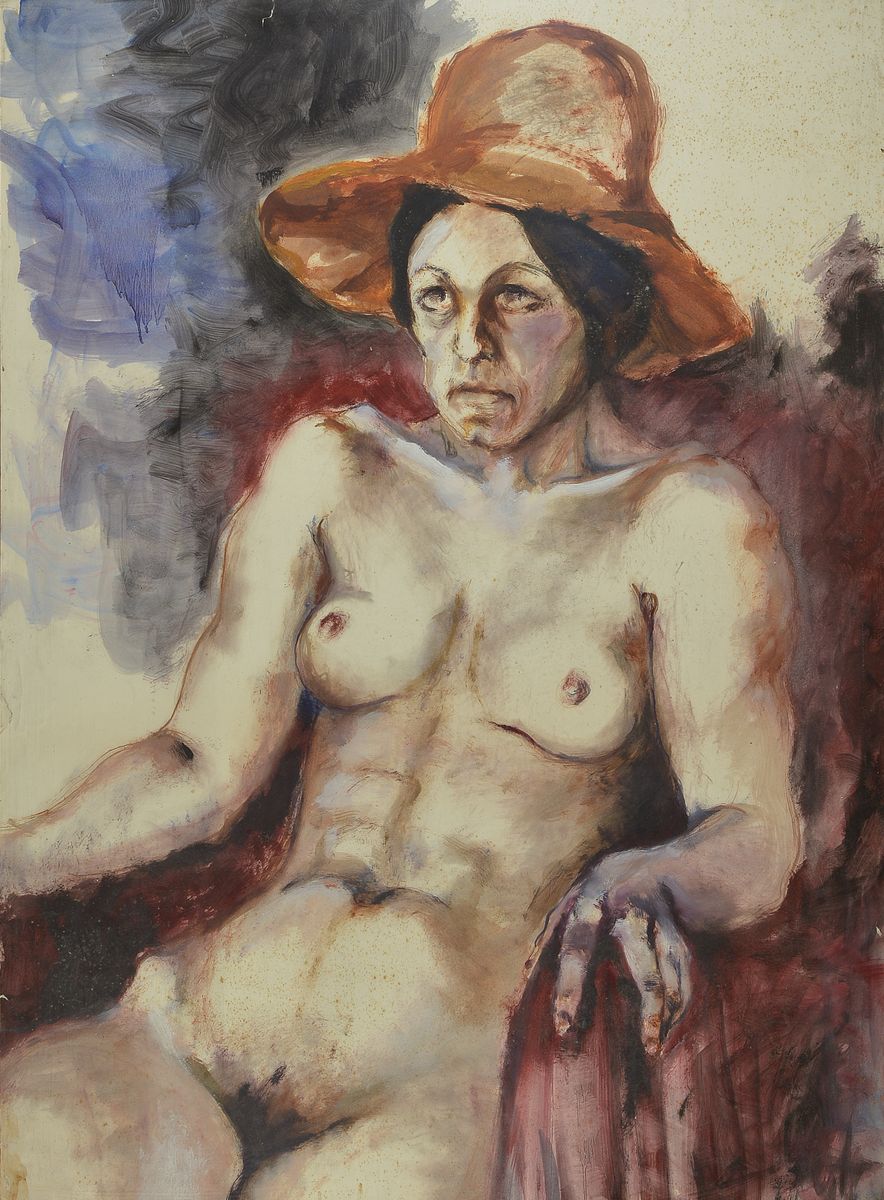 Unbekannter Künstler, Mitte des 20. Jh., sitzender weiblicher Akt mit Hut, Gouache auf Papier, links oben leicht eingerissen, unsigniert, ...