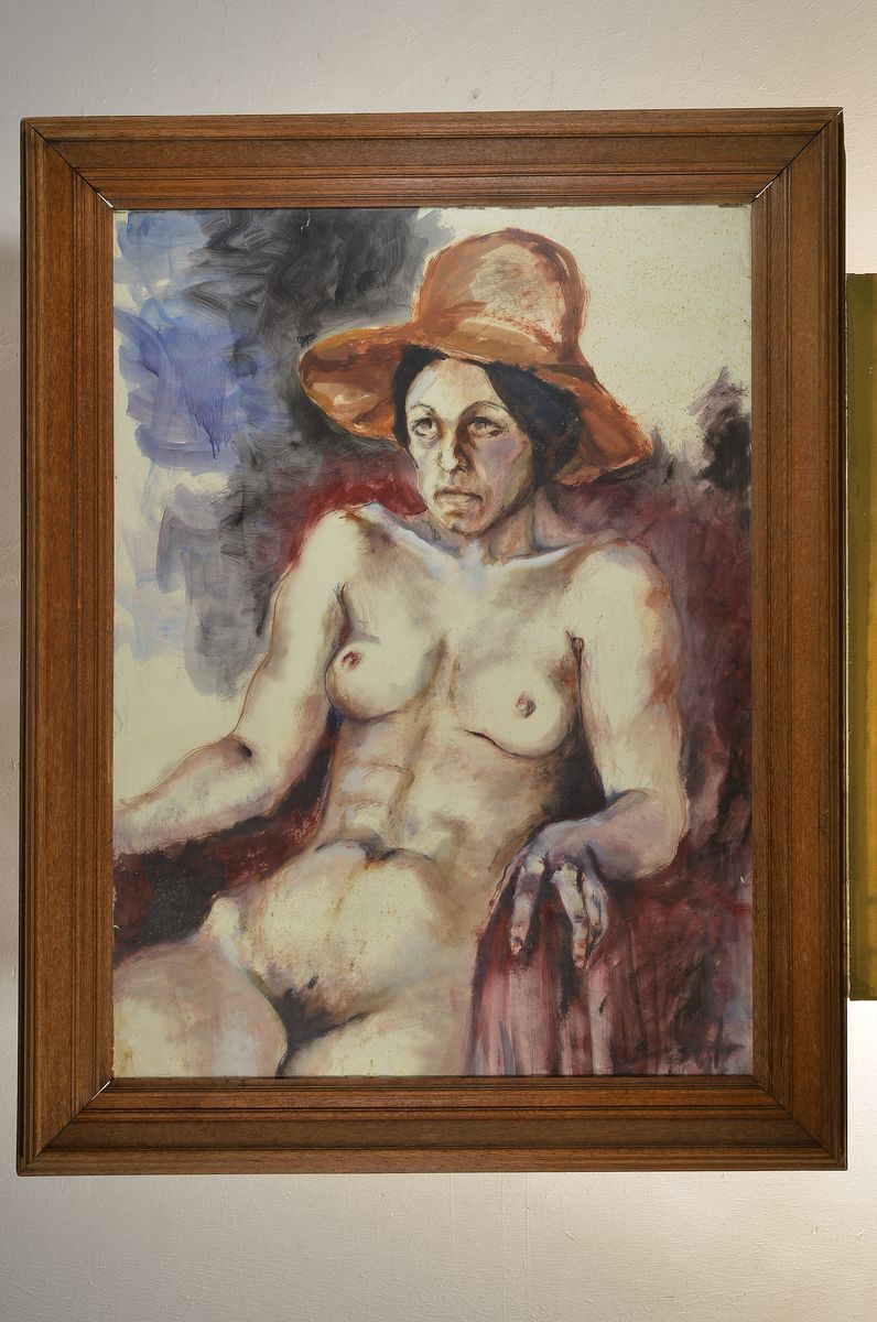 Detail k: Unbekannter Künstler, Mitte des 20. Jh., sitzender weiblicher Akt mit Hut, Gouache auf Papier, links oben leicht eingerissen, unsigniert, ...