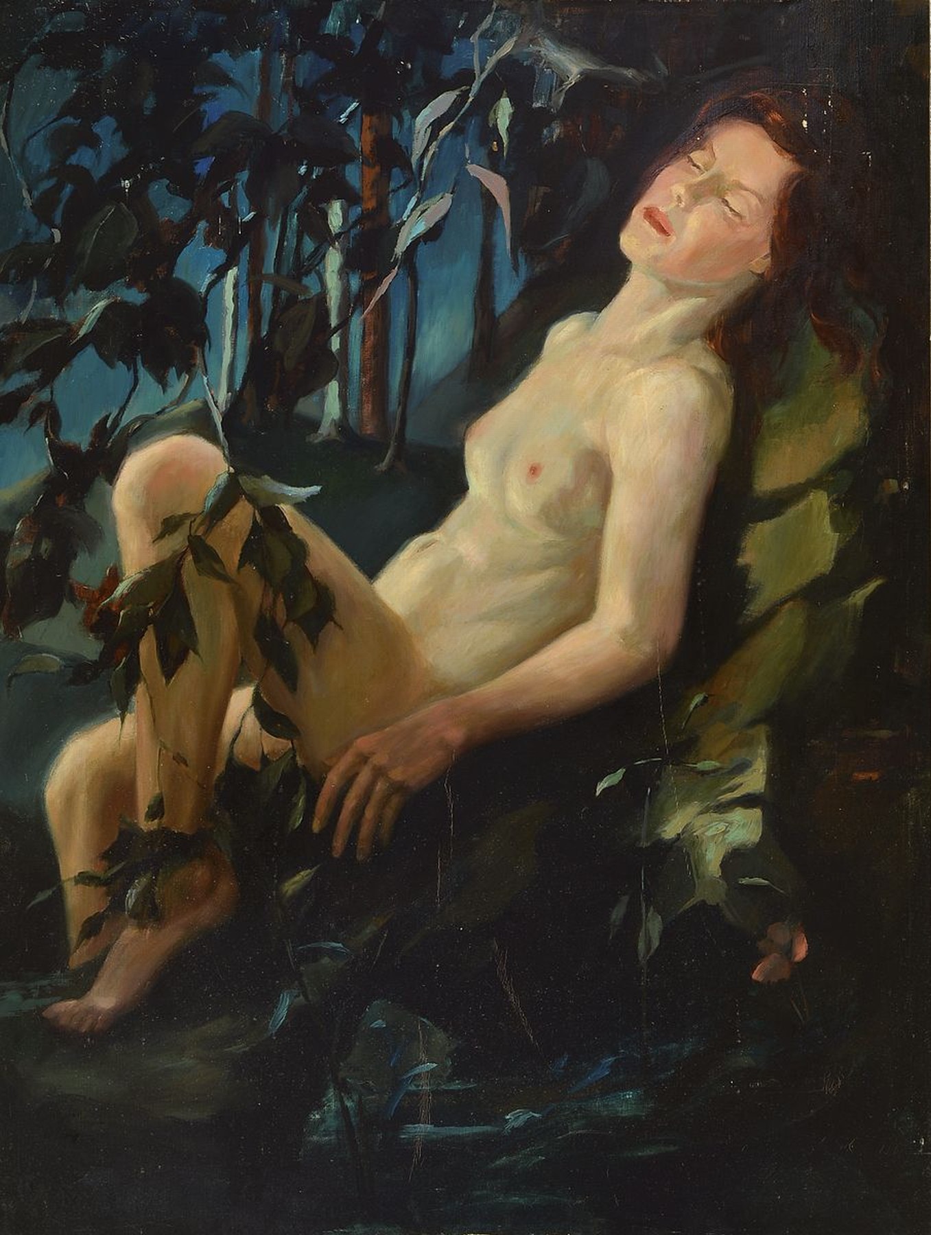 Unbekannter Künstler, 1. Hälfte 20. Jh., liegender weiblicher Akt im Wald, Öl/Lwd, unsigniert, ca. 100x75cm, R. ca. 124x100cm, mit mehreren ...