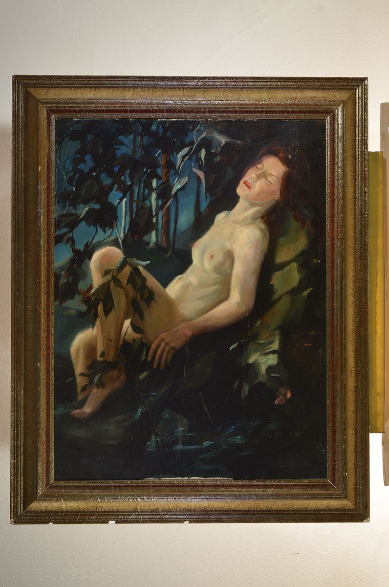 Detail k: Unbekannter Künstler, 1. Hälfte 20. Jh., liegender weiblicher Akt im Wald, Öl/Lwd, unsigniert, ca. 100x75cm, R. ca. 124x100cm, mit mehreren ...