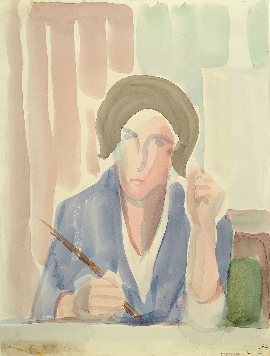Carla Brill,1906-1994, 2 Arbeiten: a. Gouache auf Papier, blonde Person im Zimmersitzend, rückseitig bezeichnet, unsigniert, 23 x 17 cm, unter Glas, ...