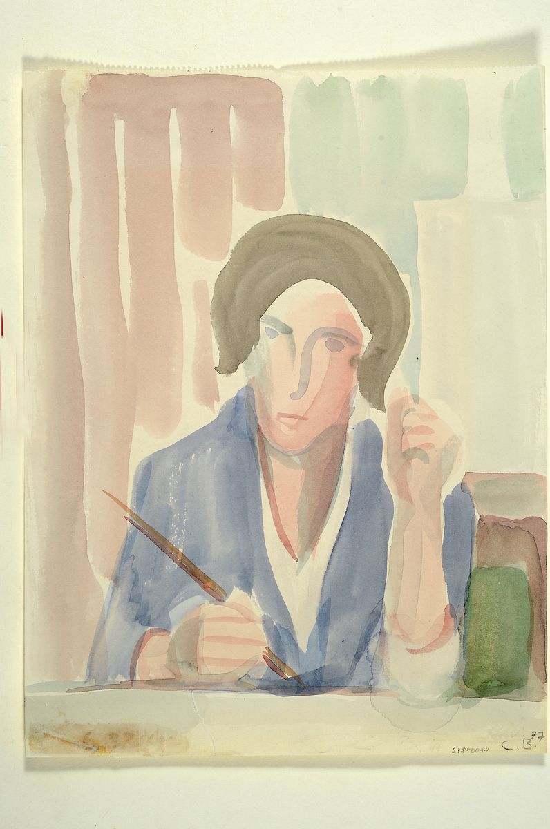 Detail k: Carla Brill,1906-1994, 2 Arbeiten: a. Gouache auf Papier, blonde Person im Zimmersitzend, rückseitig bezeichnet, unsigniert, 23 x 17 cm, unter Glas, ...
