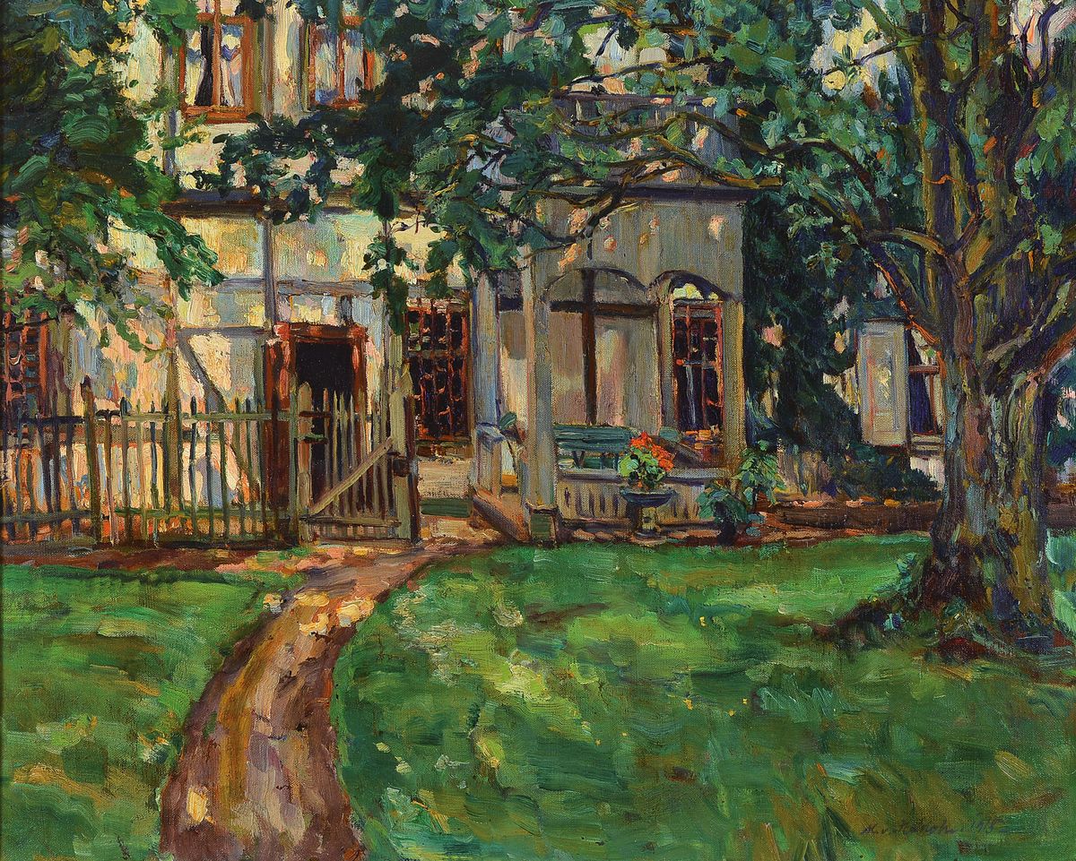 M. von Kodsch, unleserlich signiert, dat. 1918, Blick auf die sommerliche Terrasse eines Herrenhauses, Öl/Lwd, sehr gute Lichtführung, gute Varianz ...