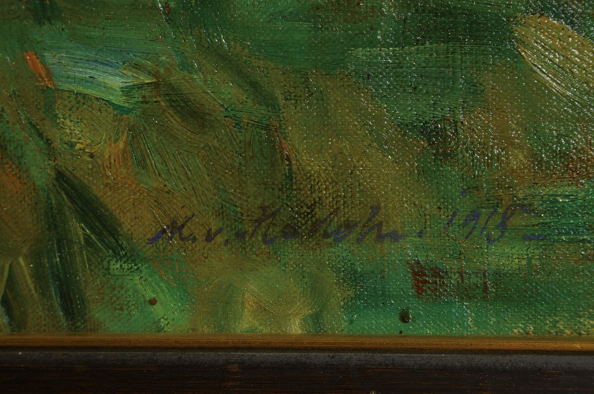 Detail a: M. von Kodsch, unleserlich signiert, dat. 1918, Blick auf die sommerliche Terrasse eines Herrenhauses, Öl/Lwd, sehr gute Lichtführung, gute Varianz ...