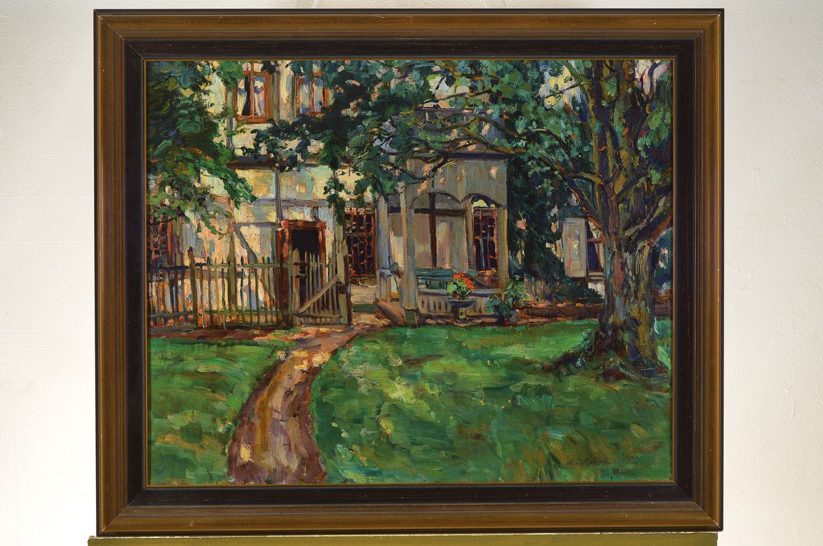 Detail k: M. von Kodsch, unleserlich signiert, dat. 1918, Blick auf die sommerliche Terrasse eines Herrenhauses, Öl/Lwd, sehr gute Lichtführung, gute Varianz ...