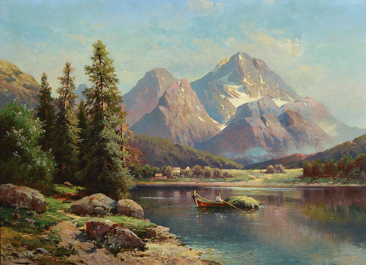 Fritz Chwala, Wien 1872 - 1836, Studium an der Wiener Akademie, sommerlicher Alpensee mit Boot, stimmungsvolle und erzählende Darstellung, Bauer ...