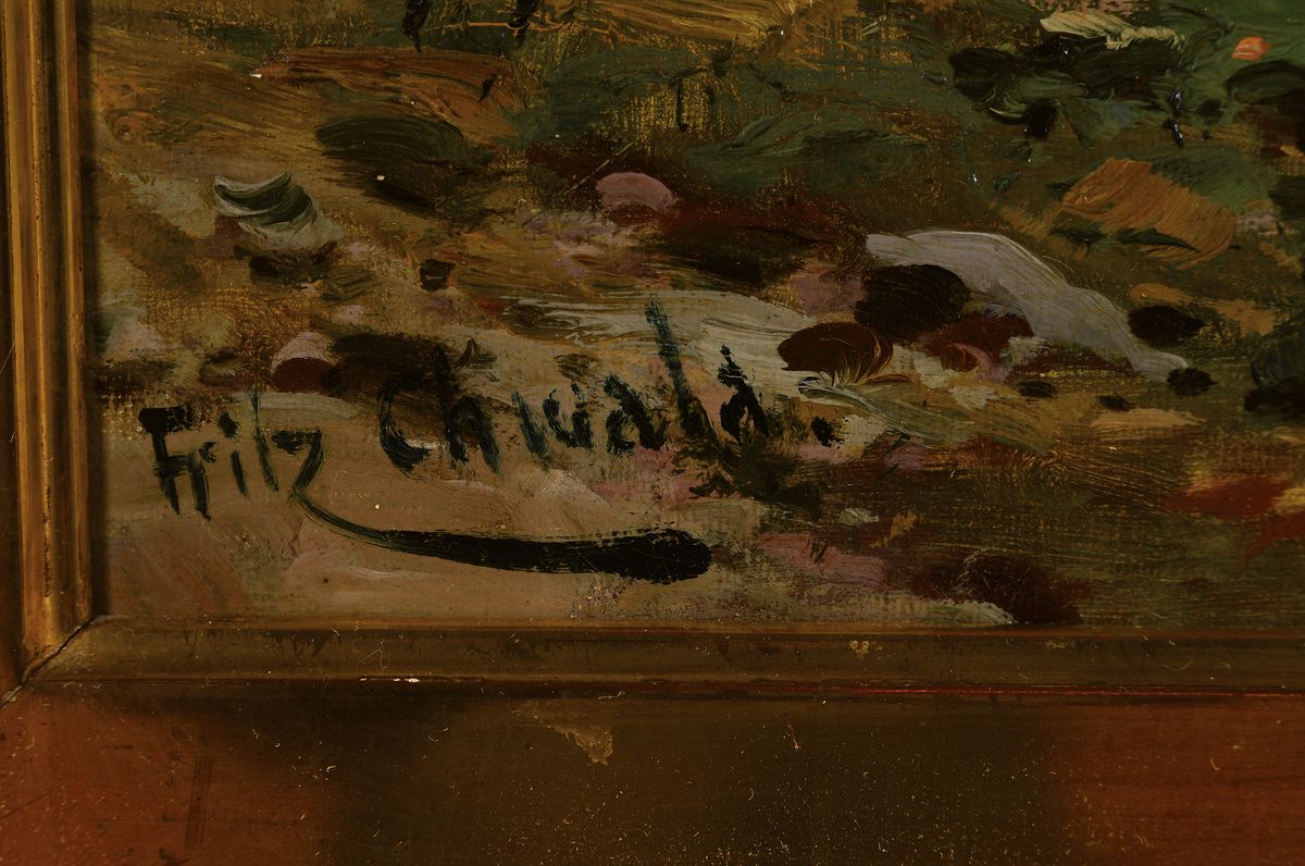 Detail a: Fritz Chwala, Wien 1872 - 1836, Studium an der Wiener Akademie, sommerlicher Alpensee mit Boot, stimmungsvolle und erzählende Darstellung, Bauer ...