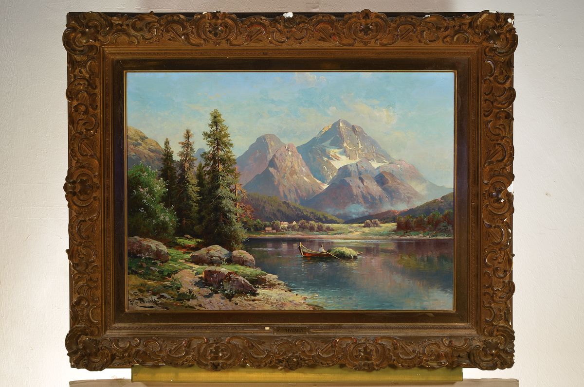 Detail k: Fritz Chwala, Wien 1872 - 1836, Studium an der Wiener Akademie, sommerlicher Alpensee mit Boot, stimmungsvolle und erzählende Darstellung, Bauer ...