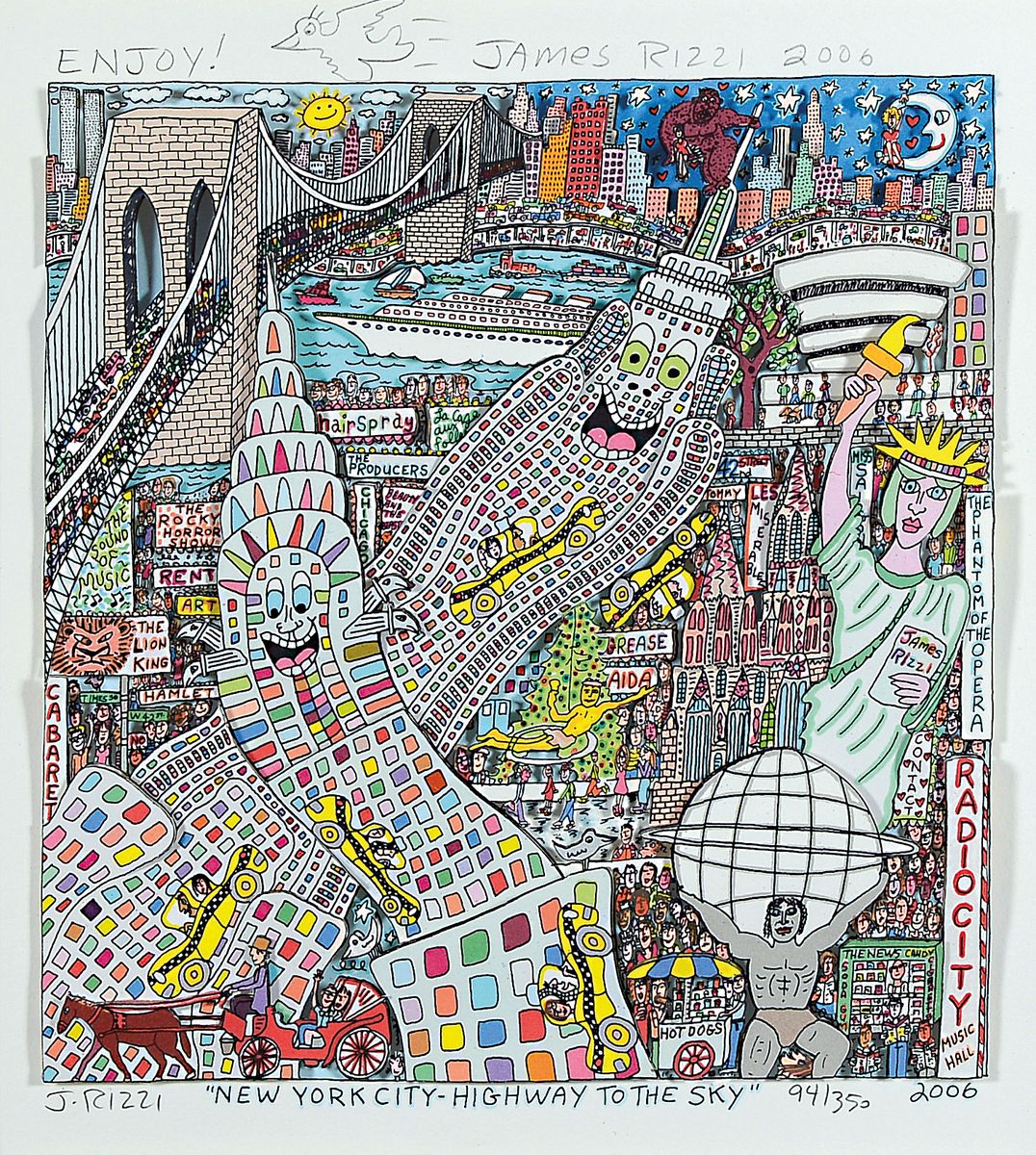 James Rizzi 1950 - 2011 New York, Set in Kassette, bestehend aus: 3-D-Litho "New York City-Highway To The Sky" 2006, num. 94/350, mit ...