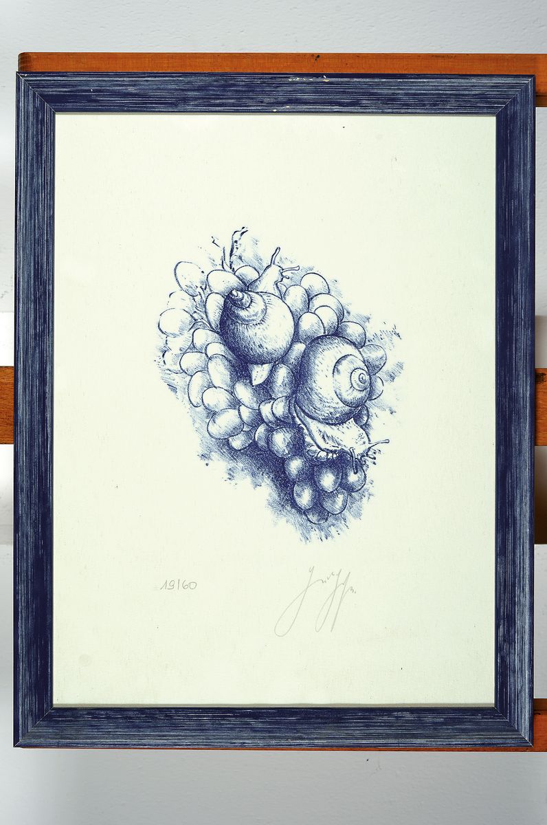 Detail k: Günter Grass. 1927-2015, war ein deutscher Bildhauer,Maler und Grafiker, Hier: Lithografie, sign., num. 19/60, unter Glas gerahmt, gesamt ca. 43x33 ...