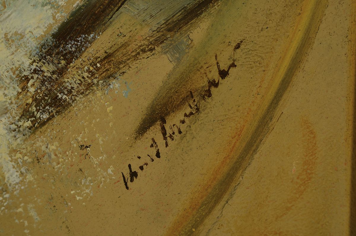 Detail a: Albert Saverys, 1886 Deinze/ Belgien - 1964 Petegem-aan-de-Leie, Studium an der Genter Akademie bei George Minne, ankernde Segelboote vor der Küste, ...