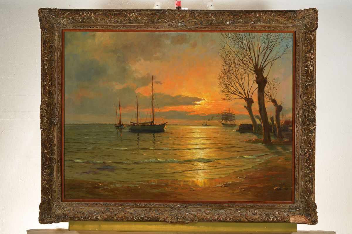 Detail k: Albert Saverys, 1886 Deinze/ Belgien - 1964 Petegem-aan-de-Leie, Studium an der Genter Akademie bei George Minne, ankernde Segelboote vor der Küste, ...