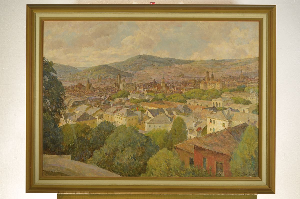 Detail k: Erwin Laiblin, geb. 1878, Stuttgarter Maler, hier Ansicht von Stuttgart, Öl/Lwd, re. u. signiert, 82 x 87 cm, l. Altersspuren, Rahmen: 75 x 97 cm