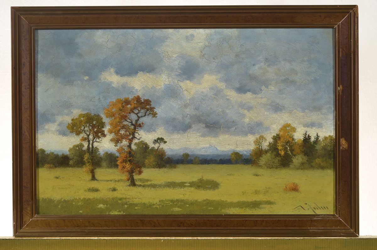 Detail k: Anton Jahn, geb. 1869, Voralpenlandschaft, Öl/Karton, re. unten signiert, ca. 23 x 36 cm, Rahmen