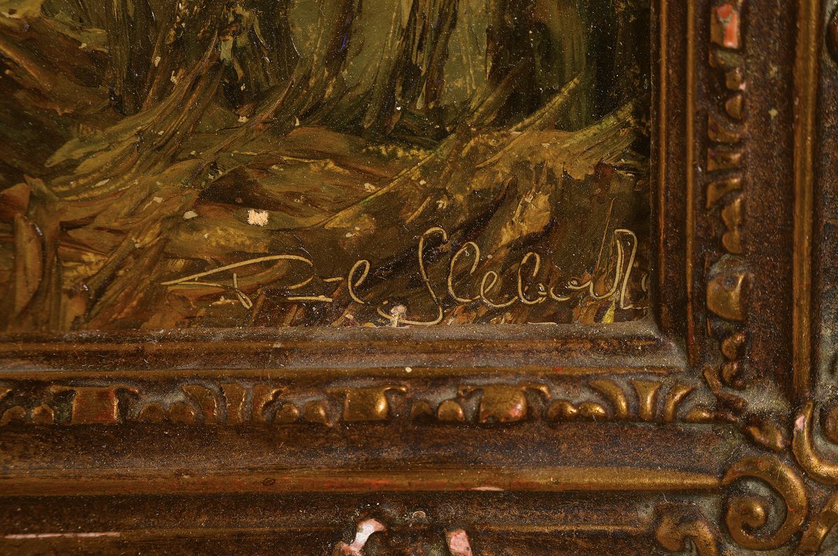 Detail a: Unleserlich signiert ...Seebach oder Glebach, um 1920, Industrieanlage, Öl/Platte, signiert, ca. 50 x 41 cm, Prunkrahmen