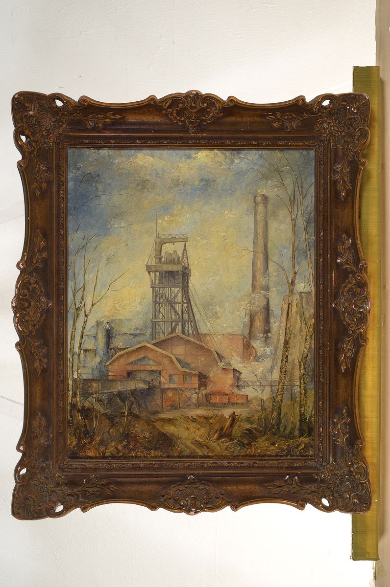 Detail k: Unleserlich signiert ...Seebach oder Glebach, um 1920, Industrieanlage, Öl/Platte, signiert, ca. 50 x 41 cm, Prunkrahmen