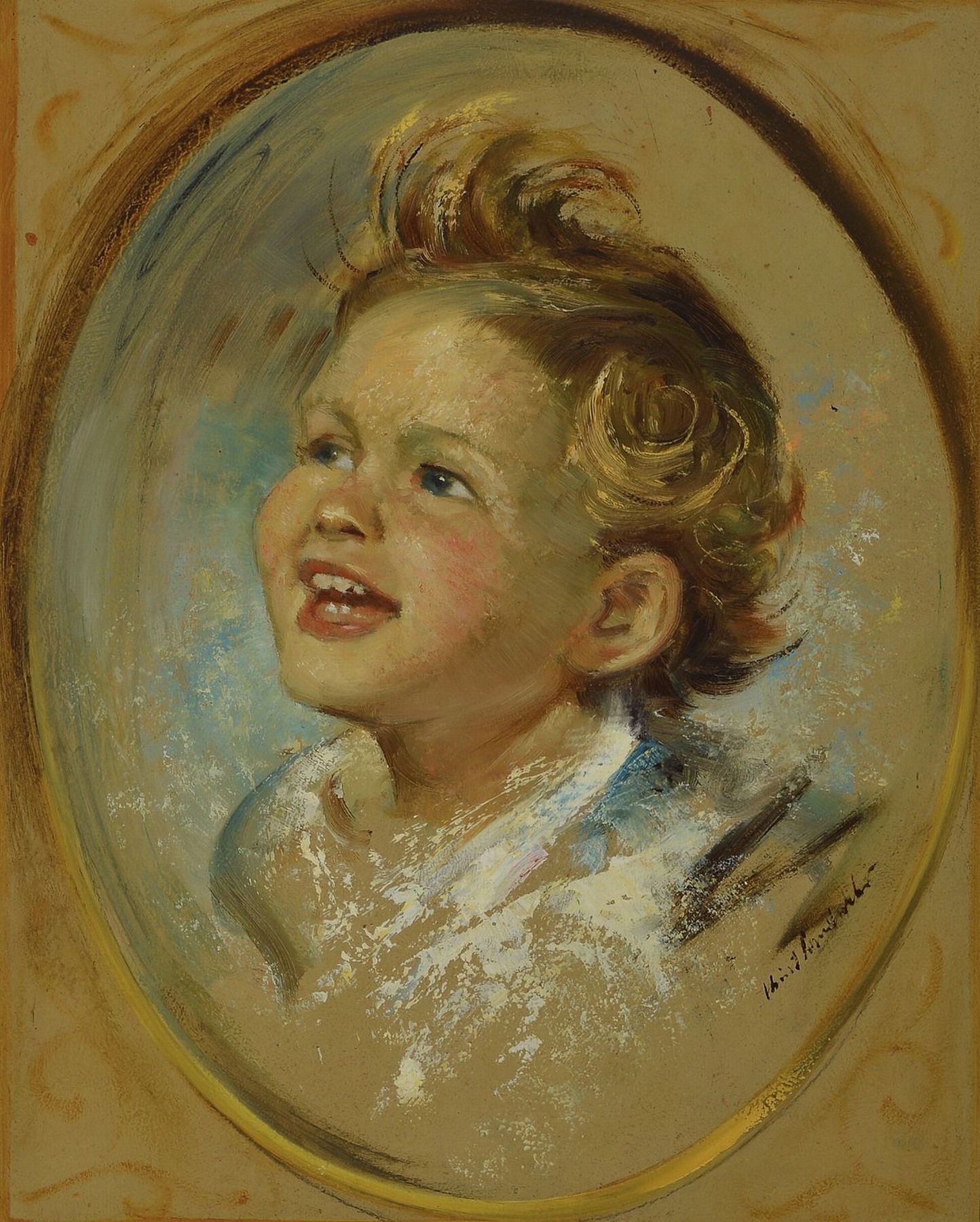 Unleserlich signiert, 20/30er Jahre, Porträt eines Kindes, Öl/Karton, reduzierend gemalt, re. u. signiert, ca. 50 x 40 cm Rahmen 57 x 47 cm, l. ...