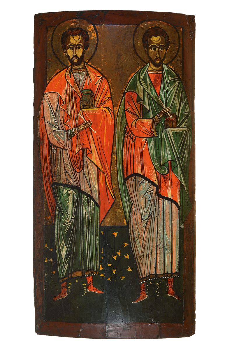 Große Ikone, wohl Rumänien, 19. Jh., Hl. Cosmas und Hl. Damian, Holz, Eitempera, ältere Restauration bzw. l. besch., ca. 84 x 41 cm