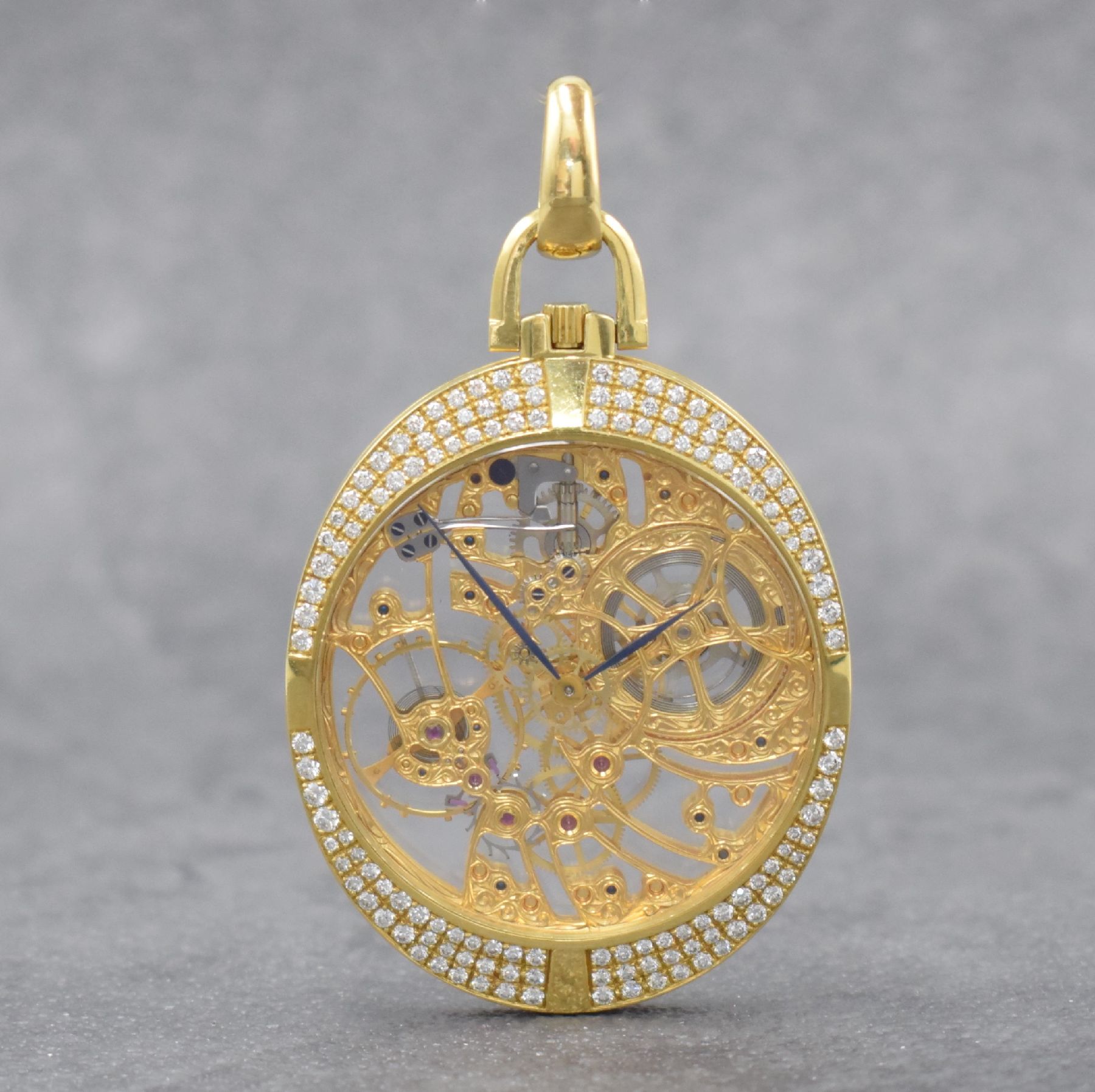 IWC hochfeine & seltene offene Herrentaschenuhr in GG 750/000 mit Brillantbesatz Referenz 5211, Schweiz um 1980, 3-teil. Geh. beids. vergl., Glasrand ...