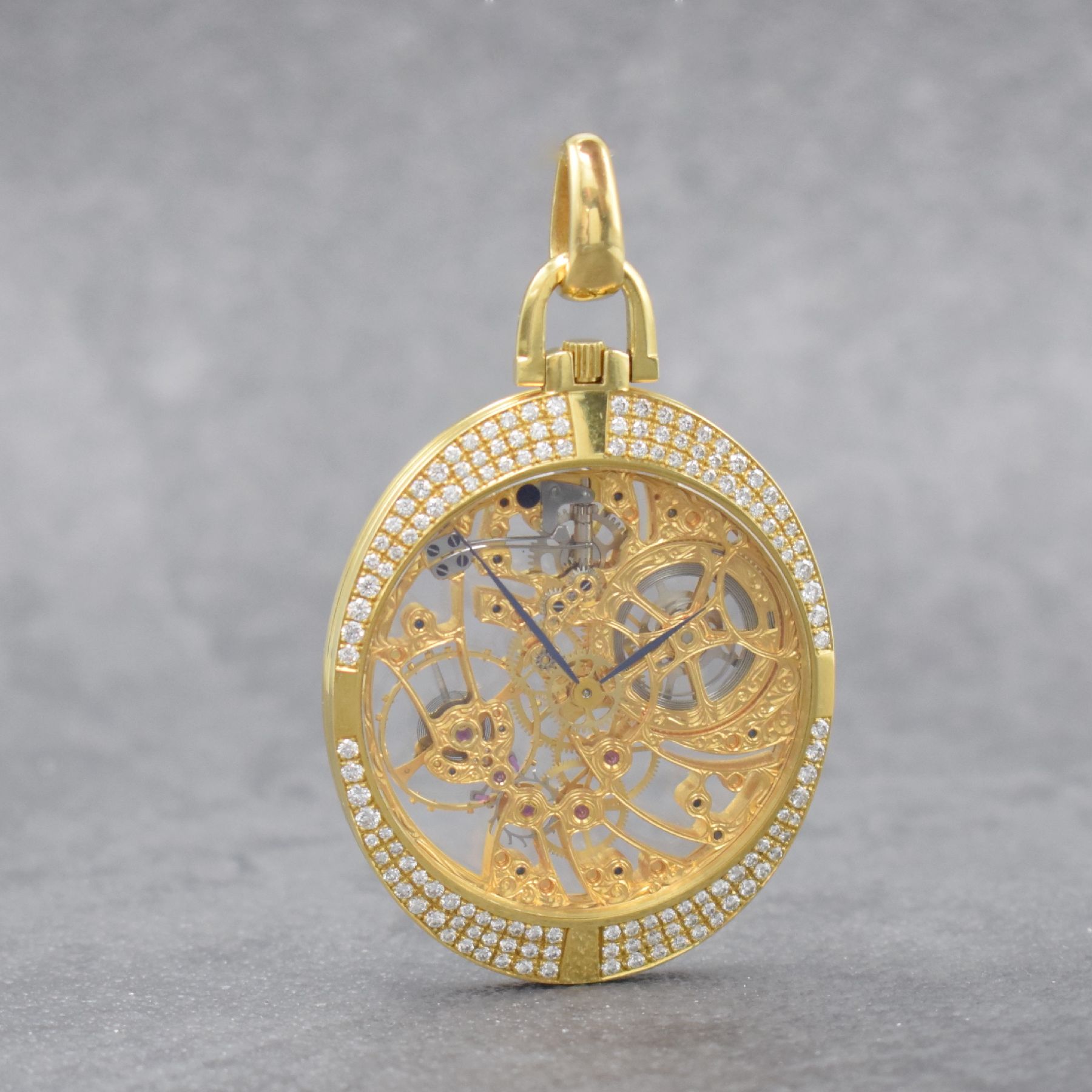 Detail a: IWC hochfeine & seltene offene Herrentaschenuhr in GG 750/000 mit Brillantbesatz Referenz 5211, Schweiz um 1980, 3-teil. Geh. beids. vergl., Glasrand ...
