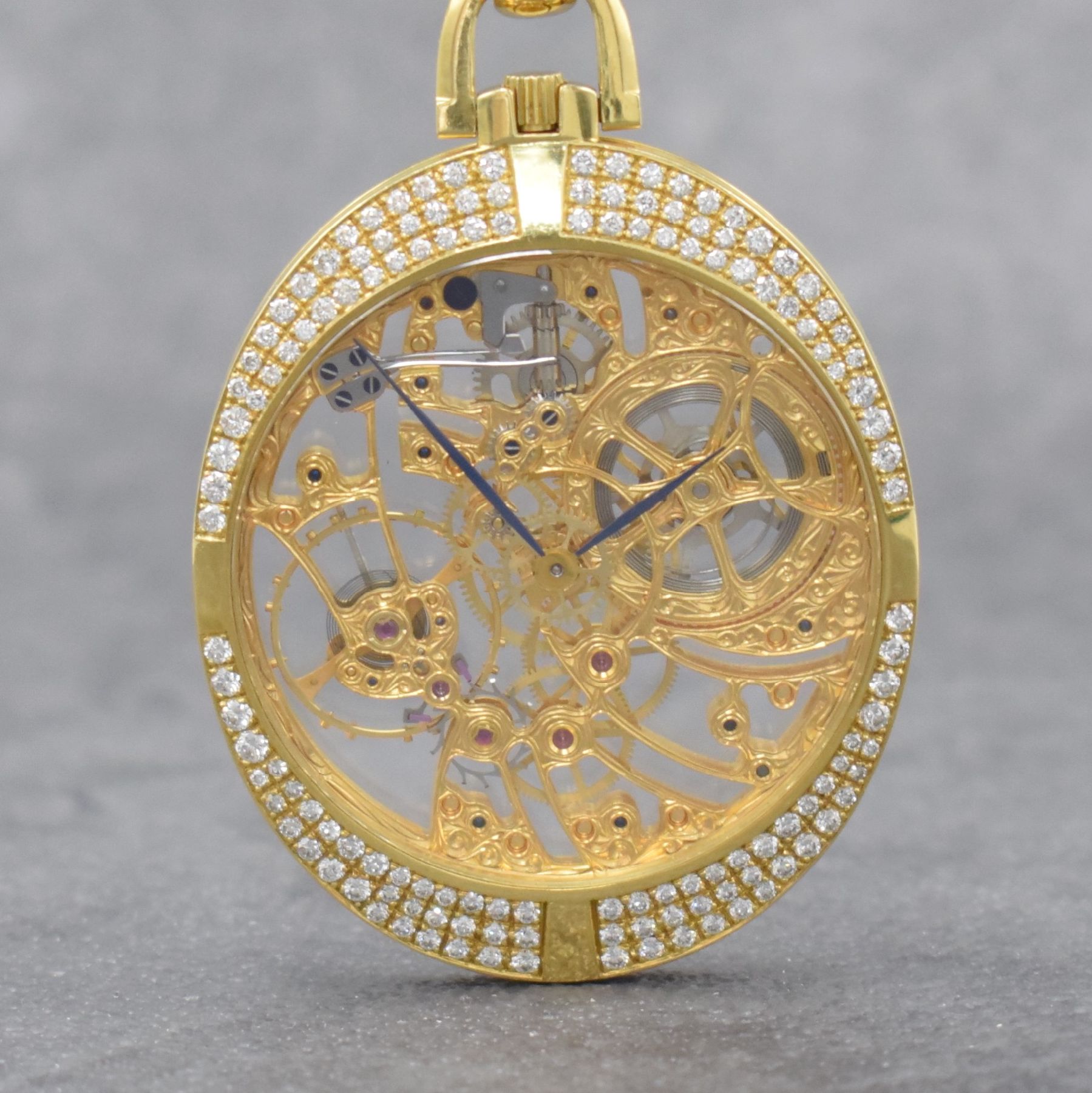Detail b: IWC hochfeine & seltene offene Herrentaschenuhr in GG 750/000 mit Brillantbesatz Referenz 5211, Schweiz um 1980, 3-teil. Geh. beids. vergl., Glasrand ...