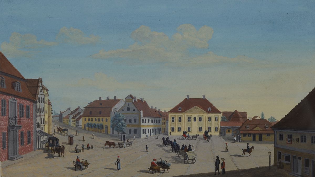 Miniaturmalerei, wohl deutsch um 1900, Gouachemalerei, Ansicht eines Stadtplatzes mit regem Treiben um 1830, unsigniert, ca. 8.5 x 15 cm, unter Glas, ...