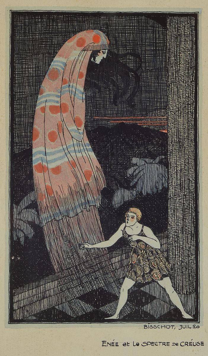 Bisschot, wohl französischer Künstler aus den 20er Jahre, feine Tuschezeichnung, bez. "Enée et le Spectre de Créuse", aquarelliert, ...