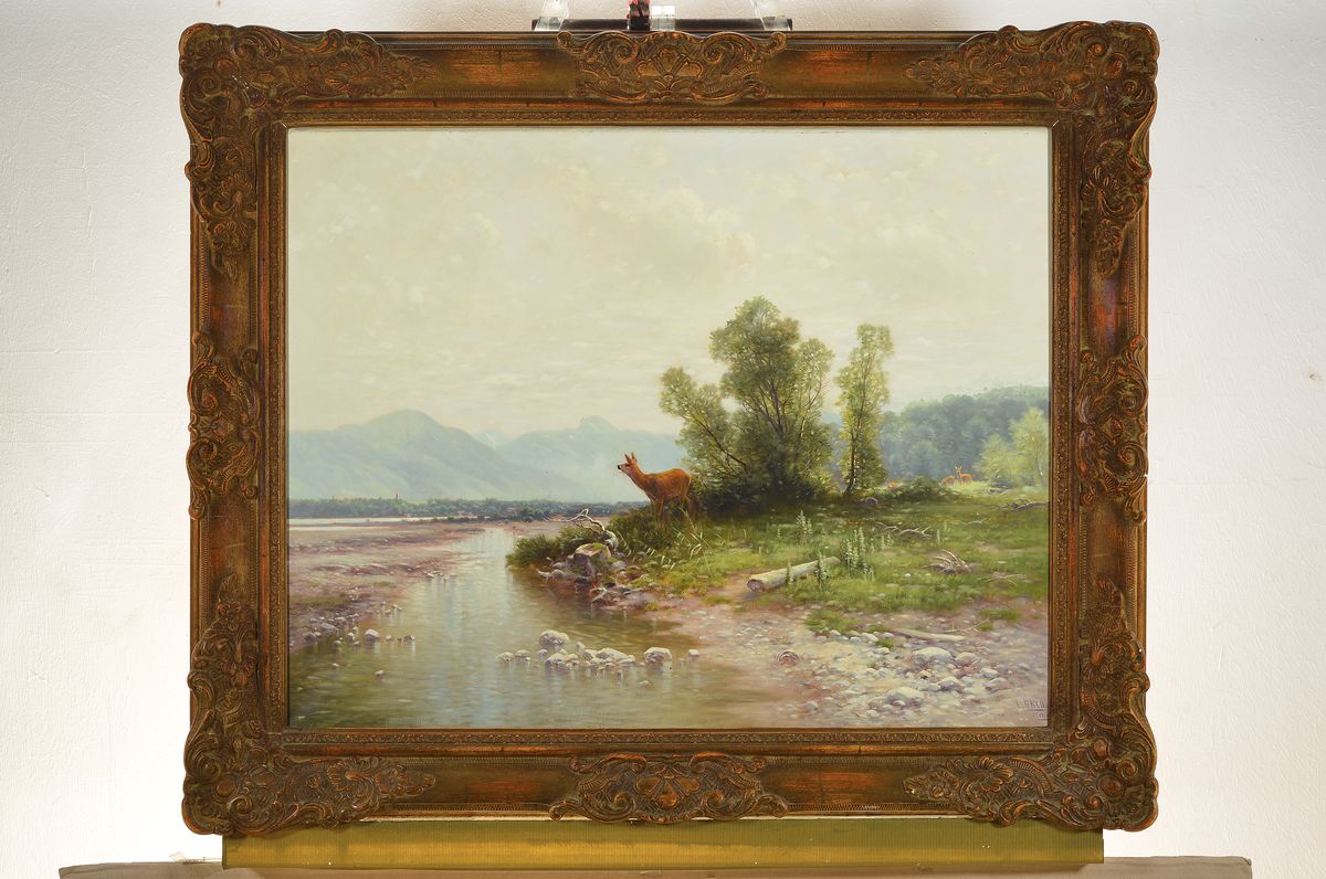 Detail k: Ludwig Skell, 1842 Obergünzburg- -1905 München, Maler der Münchener Schule, hervorragend ausgebildet, hier: Voralpenlandschaft mit Bergen und ...