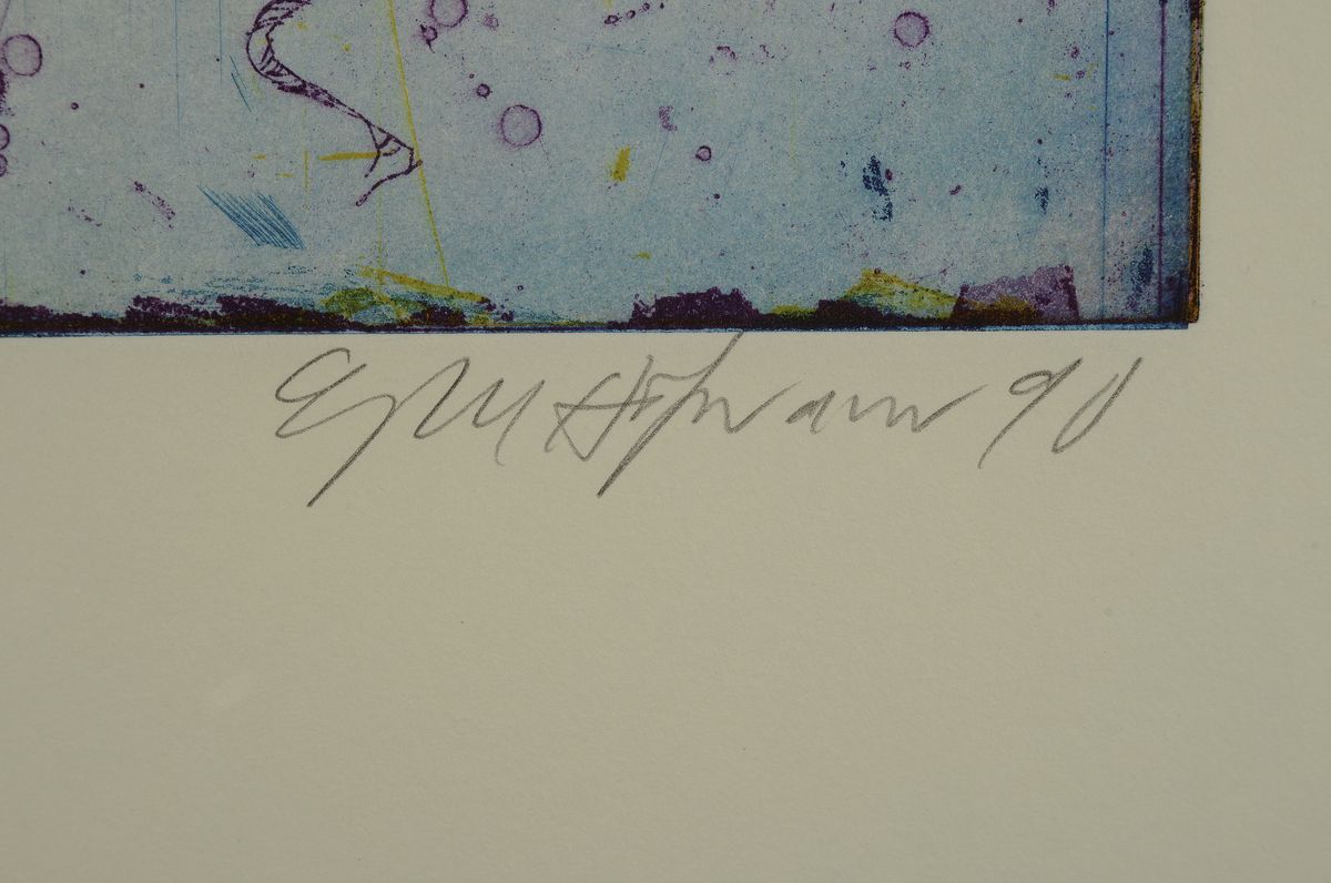 Detail g: Gerhard Hofmann, geb. 1960 Worms, lebt und arbeitet in Neustadt/Wstr., 1986 Pfalzpreis für Malerei, zahlreiche Ausst., hier: 4 Farbradierungen, alle ...