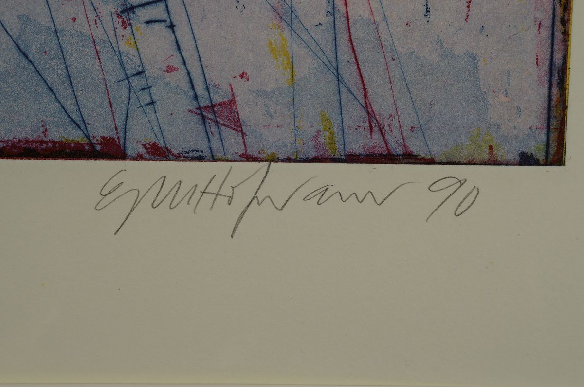 Detail i: Gerhard Hofmann, geb. 1960 Worms, lebt und arbeitet in Neustadt/Wstr., 1986 Pfalzpreis für Malerei, zahlreiche Ausst., hier: 4 Farbradierungen, alle ...