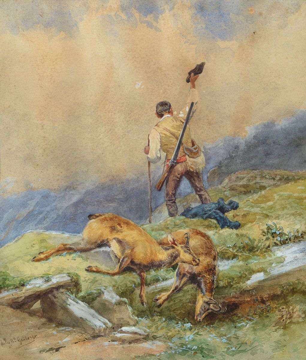 Jules Bertrand Gélibert, 1834-1916, Gamsjagd, Aquarell auf Papier, links unten signiert, ca. 44x37cm, u.Gl., R.